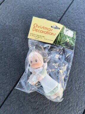 Vintage Enesco Holly Babes Porcelain Angel Girl Christmas Ornament New In Packag